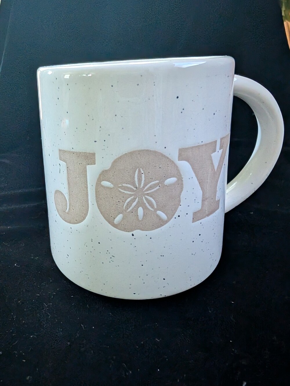 St. Nicholas Square White Ceramic JOY Mug with Sand Dollar Accent